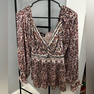 Angie Floral Ruffle Front Twist Long Sleeve Peplum Top Size L